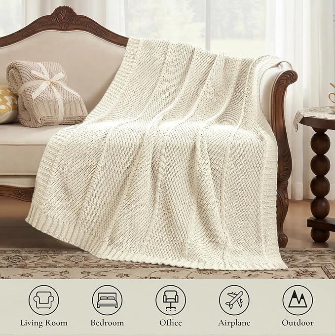 Amélie Home Knit Throw Blanket, Soft Chenille Cozy Breathable Chevron Chunky Decorative Blanket for Couch, Bed & Sofa, French-Inspired Lightweight Warm Gift for Women, Ivory, 50"x60"