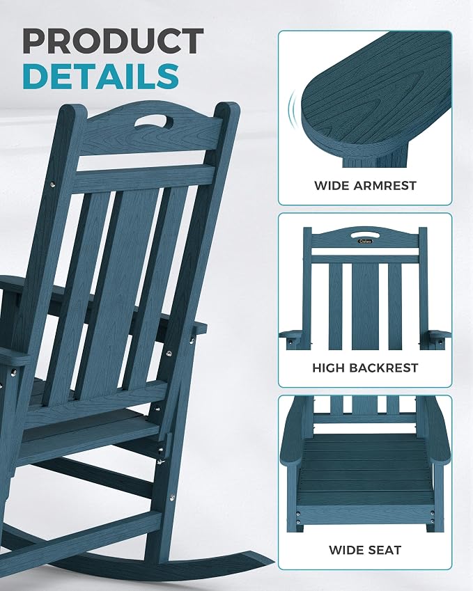 Ciokea Oversized Outdoor Rocking Chair, 380lbs Heavy-Duty Large Patio Rocker, Weather Resistant & Anti-Fade Porch Chair, High Back Cozy Rocking Chair for Outside, Fire Pit, Deck, Garden, Slate Blue - Image 6