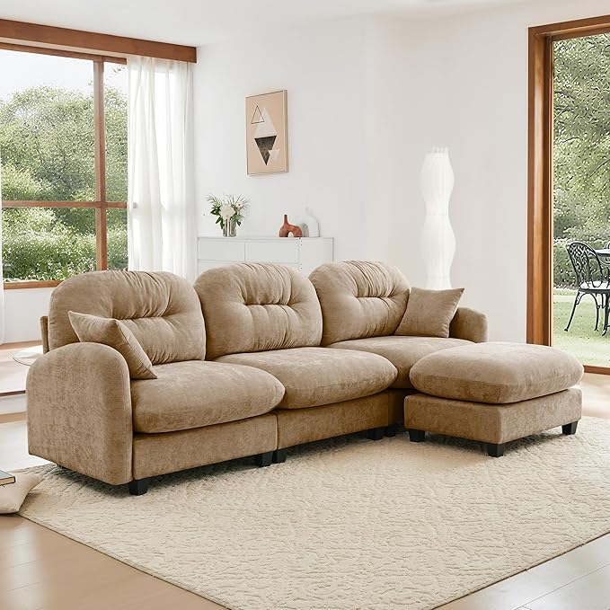 KEIKI 107" L-Shaped Oversized Chenille Modular Sectional Sofa with 1 Ottoman, High-Density Foam Cushions, Tufted Pleated Cushion Backrest, Modern 3-Seater Couch with 2 Pillow, for Living Room, Camel