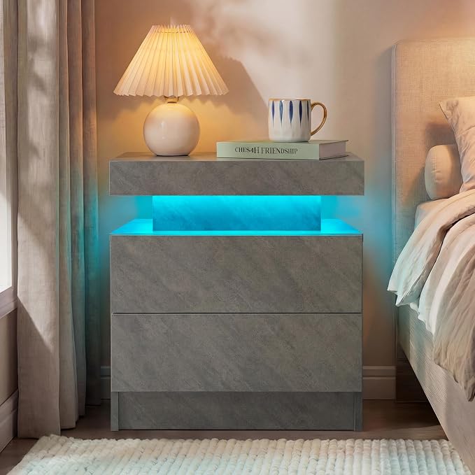 i-aplus LED Night Stand Modern Bedside Tables for Bedroom Grey Nightstand with 2 Drawers for Bedroom, Living Room - Image 3