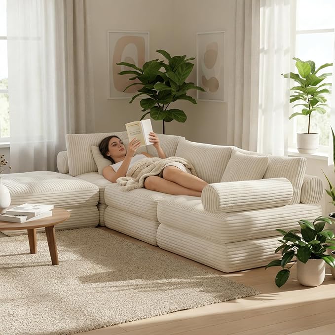 Plush Corduroy Folding Sofa Bed, Free Setup Floor Beds, 34" Boneless Couch for Small Spaces, Corner Chair, Convertible Sleeper Chair, Corner Couch, Foldable Sleeper Sofa Beds, Beige