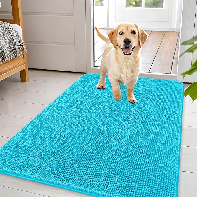 OLANLY Dog Door Mat for Muddy Paws 44x32, Absorbs Moisture and Dirt, Absorbent Non-Slip Washable Doormat, Quick Dry Chenille Mud Mat for Dogs, Entry Indoor Entryway Carpet for Inside Floor, Aqua Blue by OLANLY