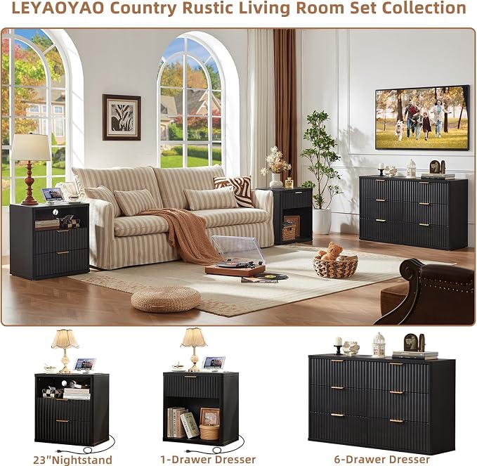 LEYAOYAO Fluted Nightstand with Charging Station, 23" Wide 1 Drawers End Table,Black Night Stand with Open Storage Cabinet, Farmhouse Bed Side Tables, Wood Dresser for Bedroom, Living Room, Closet - Image 3