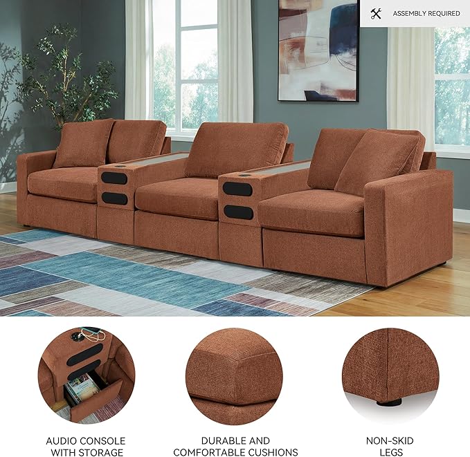 Signature Design by Ashley Modmax Contemporary Stain Resistant 5-Piece Sectional with Audio Consoles, Armrest, Throw Pillows, Reversible Cushions and USB Port, Orange