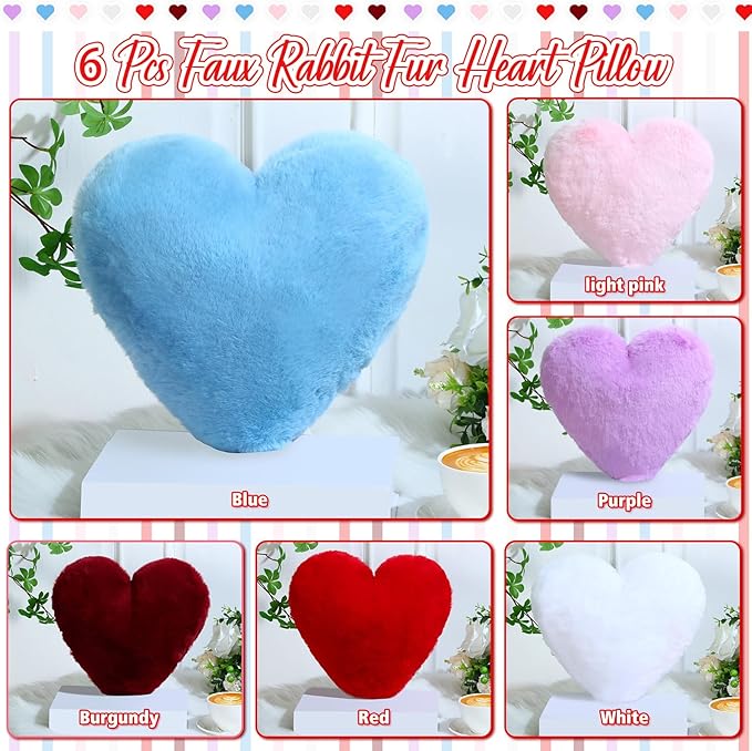 Liliful 6 Pcs Faux Rabbit Fur Heart Pillows Fluffy Heart Throw Pillows Cute Couch Cushion Soft Decorative Throw Cushion for Bed Sofa Girls Women(12 x 11 Inch,Cute Color)