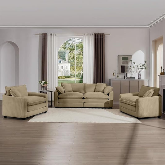 KEIKI 3-Piece Sofa Set with 1 Oversized Corduroy Loveseat Sofa & 2 Single Sofa, Upholstered 4-Seater Couch Set with 6 Pillow, High-Density Foam Cushions, Removable Armrests, for Living Room, Tan