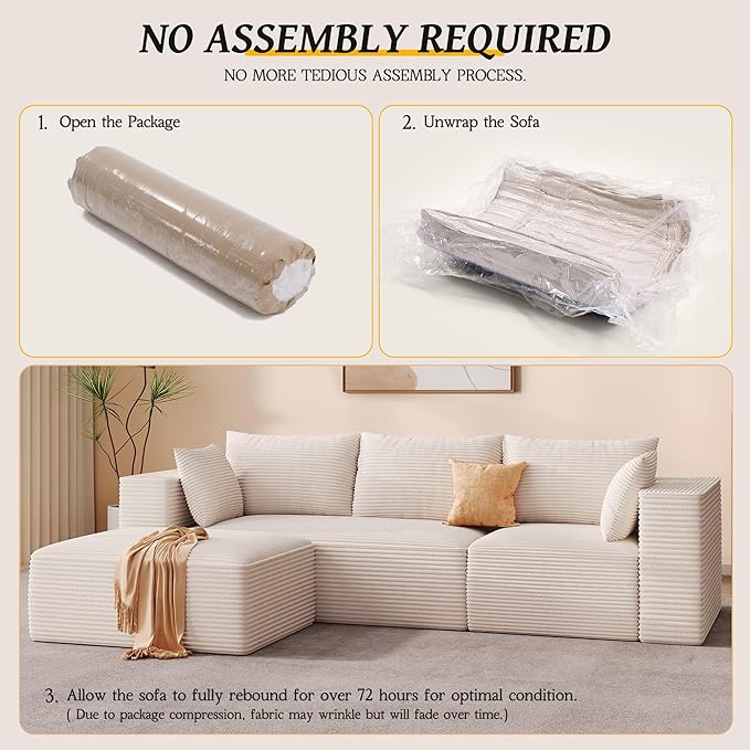DWVO 108" Modular Sectional Couch with L-Shape Chaise, Modern Cloud Sectional Sofa with Deep Seat, Upholstered Couches for Living Room Bedroom, No Assembly Required, Beige