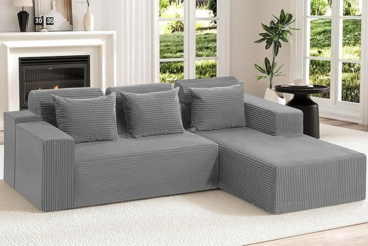 Homguava Modular Sectional Couches for Living Room,105" Cloud Couch with L-Shape Chaise,Comfy Sofa Living Room Sofas with Deep Seat,No Assembly L Couch,Corduroy Fabric(Light Grey,R)