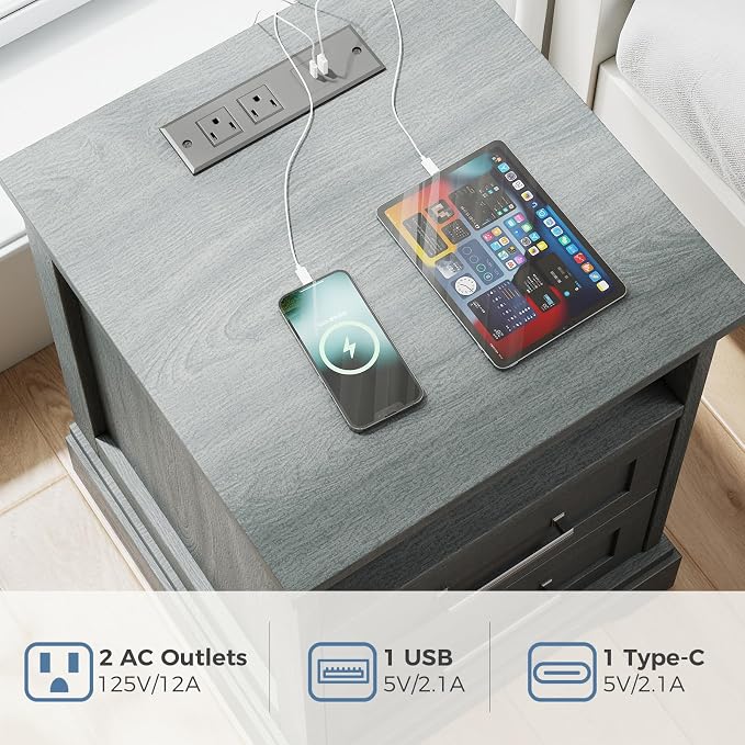 DUMOS Nightstand with Charging Station, Wood Farmhouse Bedside Table with 2 Drawers and Open Shelf, Wood End Table, Modern Side Table for Bedroom, Black - Image 4
