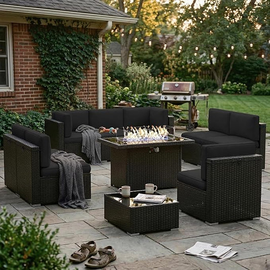 10 Pieces Patio Furniture Set with 44" Propane Gas Fire Pit Table, Outdoor Sectional Wicker Conversation Sofa Sets with Coffee Table
