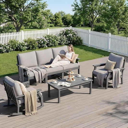 HDPE Patio Conversation Set, 6-Piece All Weather Outdoor Furniture Set with 1 Single Rocking Armchairs for Deck, Lawn, with Cushion, Gray