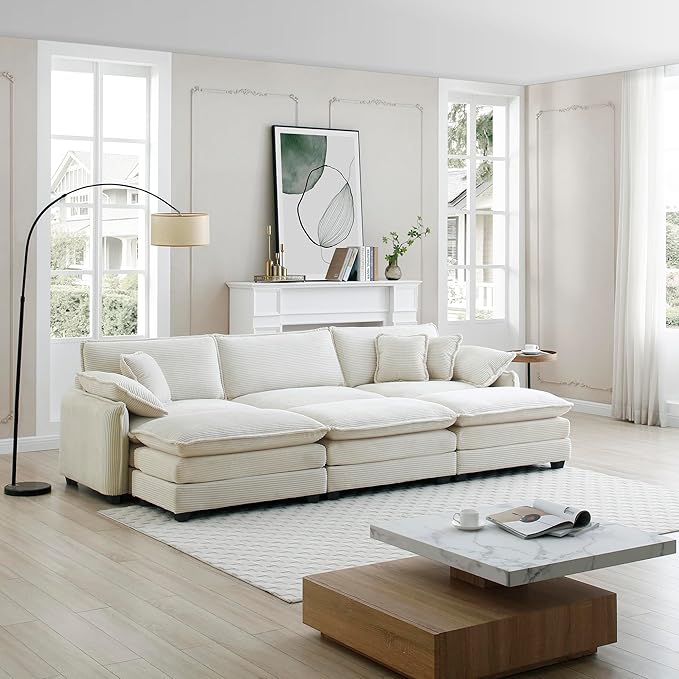 KEIKI 115" Oversized Corduroy Modular Sectional Sofa with 3 Ottoman, High-Density Foam Cushions, Removable Armrests, Upholstered 3-Seater Fluffy Corner Couch with 5 Pillow, for Living Room, Beige
