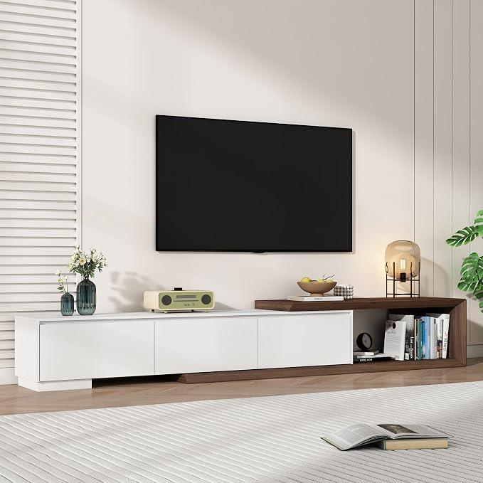 chartustriable Extendable TV Stand with 3 Drawers, Modern Minimalist Entertainment Center, Reversible Long TV Media Console, Bevel Design, 82-107.3 Inch, White & Walnut by chartustriable