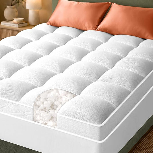 Ultra-Thick Shredded Memory Foam King Size Mattress Topper - Breathable & Balanced Pad for Back Pain Relief with Soft Viscose Made from Bamboo Cover, White