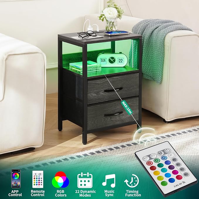 Yoobure Nightstand with Charging Station, LED Night Stand with Fabric Drawers and Storage Shelf for Bedroom, Nightstands Bedside Tables with USB Ports & Outlets, Small Night Stands, Bed Side Table - Image 5