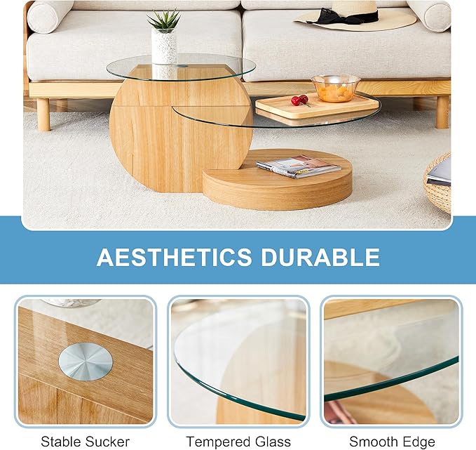 35.4" Glass Coffee Table, Small Round Coffee Table, 2-Tier Tempered Glass Tabletop with Wooden Base, Modern Center Table for Living Room, Home, Apartment, Ideal for Small Space