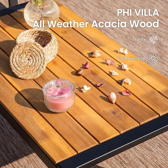 PHI VILLA Patio Wicker Furniture Set for 4, Brown Rattan Loveseat & Chairs with Red Cushions & Acacia Wood Coffee Table, Outdoor Modern Conversation Sofa Set for Deck, Yard, Porch