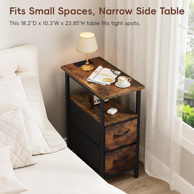 Vagusicc Nightstand with Charging Station and LED Lights, Narrow Side Table, LED Night Stand with 2 Fabric Drawers, Bedside Table with USB Ports and Outlets, Tall Nightstand for Bedroom, Rustic Brown - Image 5