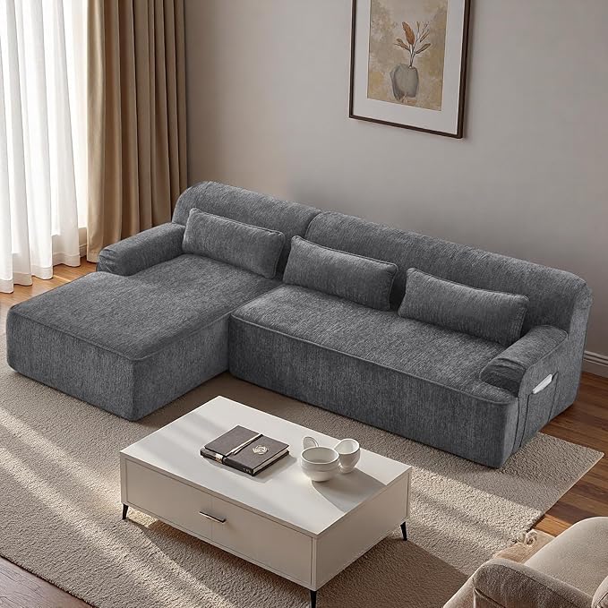 L-Shaped Sectional Sofa, Luxury Upholstered Chenille 3-Seater Sofa with Left Chaise Lounge & 3 Lumbar Pillows, Modern Comfy Oversized Couch with Side Pocket for Living Room, Apartment, Grey