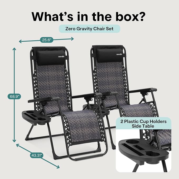 SereneLife Zero Gravity Lounge Chair Set of 2 – Outdoor Reclining Patio Chairs with Rattan Side Table, Cup Holder & Pillow Foldable Lawn Chairs for Patio Furniture, Garden, Beach, or Indoor Relaxation - Image 2