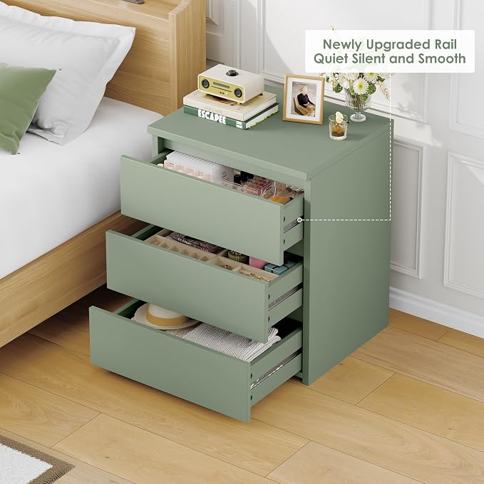 FOTOSOK Nightstand Set of 2 White Nightstand with 3 Drawers, White Bedside Table Night Stand for Bedroom with Cut-Out Handle, Sofa Side Table for Bedroom, Green - Image 6