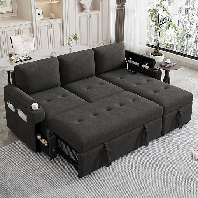 Eafurn 83.5" Sleeper Sectional Sofa with Pull Out Couch Bed, Convertible L-Shaped Sofa with Storage Chaise, Quick Assemble Sleeper Corner Sofa with Cup Holders & USB Ports