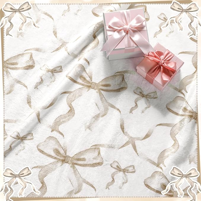 Buryeah Beige Bow Throw Blanket Valentine's Day Galentines Day Gifts Preppy Blanket Coquette 50 X60 Flannel Soft Cute Bow Lightweight Aesthetic Room Decor for Women Friends for Sofa Couch Travel Bed