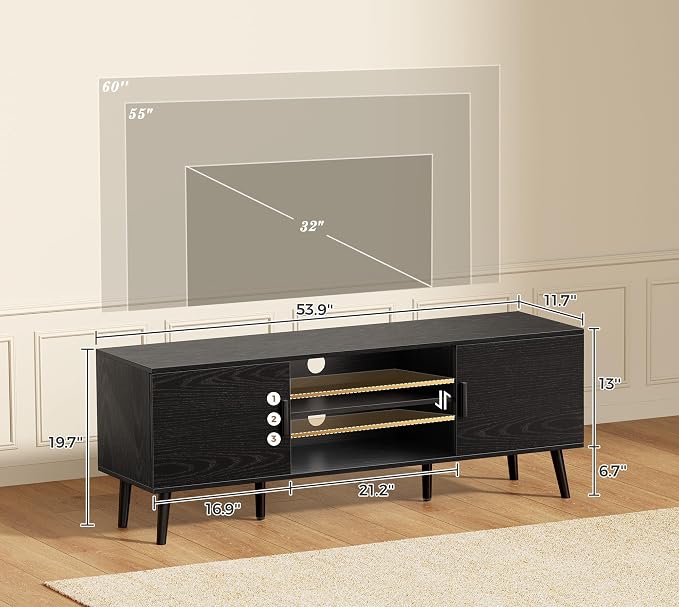SUPERJARE TV Stand for 55 Inch TV, Entertainment Center with Adjustable Shelf, 2 Cabinets, TV Console Table, Media Console, Solid Wood Feet, Cord Holes, for Living Room, Bedroom, Black - Image 3