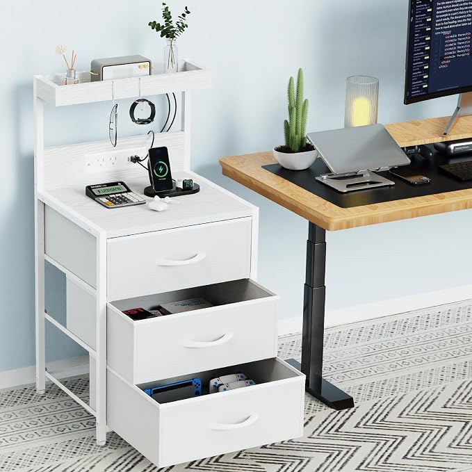 Night Stand with Charging Station Set of 2, LED Nightstand Bedside Table with USB Ports and Outlets, 3 Fabric Drawer End Side Table Night Stand Set 2 for Bedroom with Storage Shelf and 2 Hooks, White - Image 8