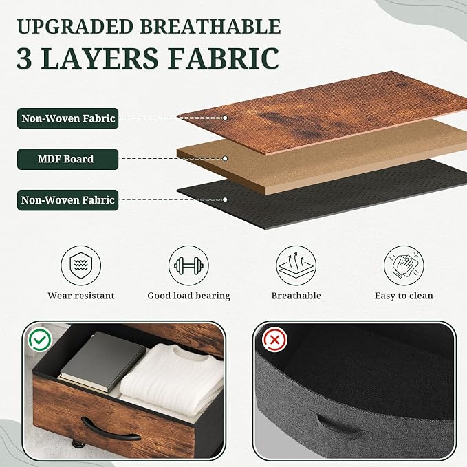 Nightstand with Charging Station, Bedside Table with USB Ports & Outlets, Small Dresser End Table with 2 Fabric Drawer and Open Storage Shelf, Wooden Top for Bedroom, Black & Brown - Image 7