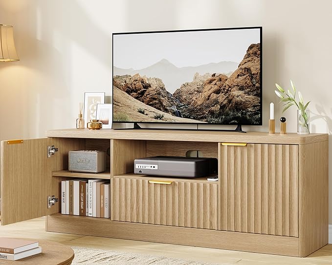 TEENFON 55" TV Stand for TVs Up to 65", Modern Fluted Entertainment Center with Drawer and Open Shelf, Media Console Table, TV Stands for Living Room, Nature Oak - Image 2