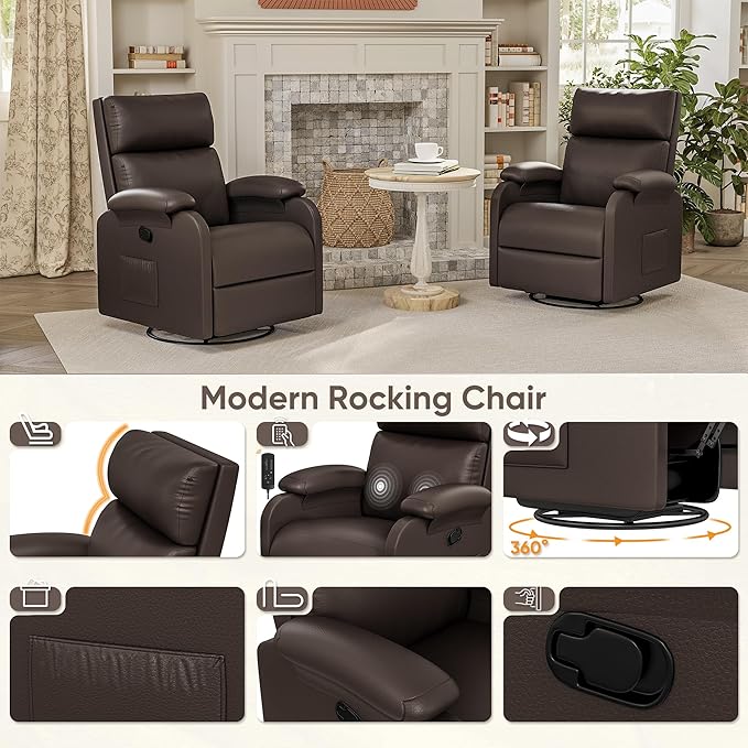 Homall Recliner Chair, 360 Swivel Rocking Chair for Adults, Massage Nursery Chair with Adjustable Backrest and Footrest, PU Leather Glider Rocker Recliners with Side Pocket for Living Room (Brown)