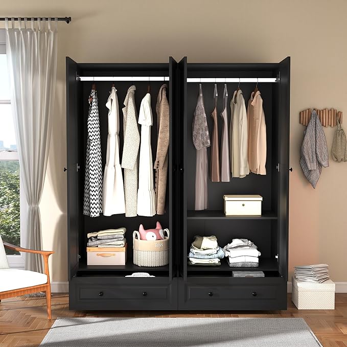 Armoire Wardrobe Closet with Drawers: 74" Black Wardrobe Close with 4 Doors and 2 Drawers, Tall Armoire with Hanging Rod, Large Wooden Clothes Cabinet for Bedroom (Black, 63")
