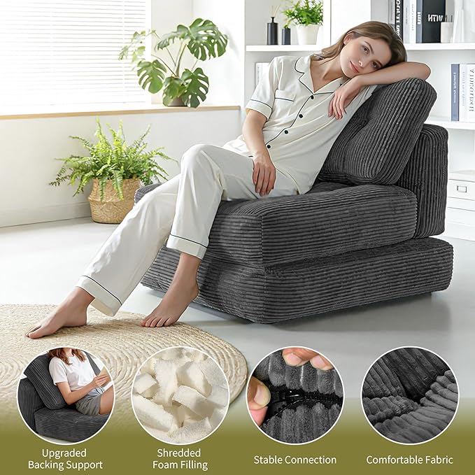 Art3d Folding Sofa Bed, Convertible Sleeper Sofa Bed with Pilow & Back Support, 3 in 1 Long Futon Boneless Couch, Comfy Floor Couch for Living Room, Bedroom, Dark Gray
