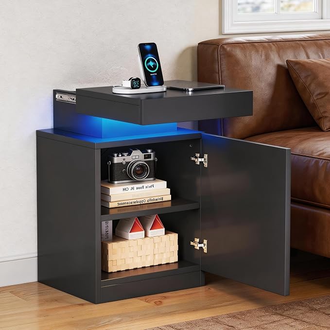 MXV LED Night Stand with Charging Station, Bedside Table with Sliding Top Storage, Modern End Table for Bedroom, Black - Image 3