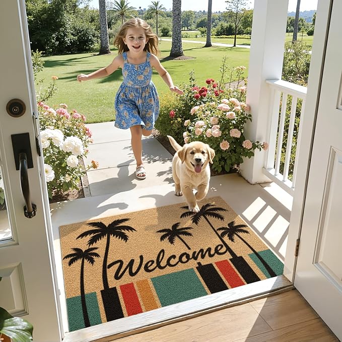 DEXI Front Door Mat Outside Entrance Coir, 2x3 Heavy Duty Welcome Entry Tropical Plant Doormat, Non Slip Exterior Entryway Floor Dirt Trapper for Porch Patio, Coconut Tree - Image 3