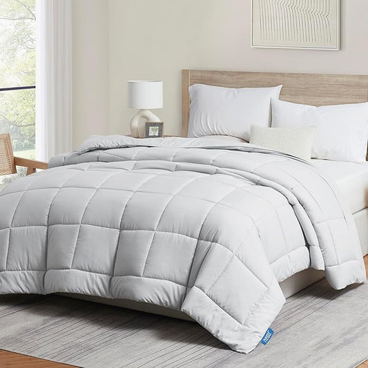 Nestle Comforter - Quilted Down Alternative, All Season, Light Grey, Queen Size with Corner Tabs