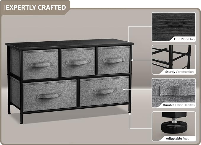 Sorbus Dresser with 5 Drawers - Storage Chest Organizer Unit with Steel Frame, Wood Top, Easy Pull Fabric Bins - Long Wide TV Stand for Bedroom Furniture, Hallway, Closet & Office Organization - Image 4