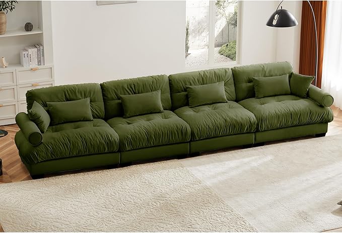 KEIKI 166" Oversized Velvet Modular Sectional Sofa with High-Density Foam Cushion and Bolstered Armrests, Upholstered Modern Style 4-Seater Cloud Couch with 6 Pillow, for Apartment, Living Room, Green