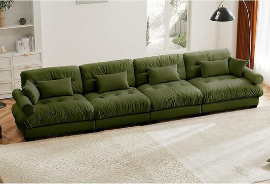 KEIKI 166" Oversized Velvet Modular Sectional Sofa with High-Density Foam Cushion and Bolstered Armrests, Upholstered Modern Style 4-Seater Cloud Couch with 6 Pillow, for Apartment, Living Room, Green