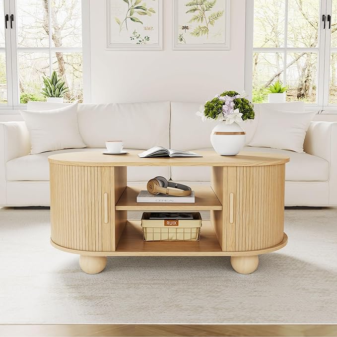 Rectangle Coffee Table, Fluted Coffee Tables for Living Room, Mid-Century Coffee Table Center Table with Storage & Sliding Doors for Apartment, Home Office (Natural)