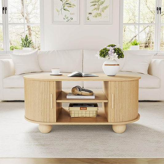 Rectangle Coffee Table, Fluted Coffee Tables for Living Room, Mid-Century Coffee Table Center Table with Storage & Sliding Doors for Apartment, Home Office (Natural)