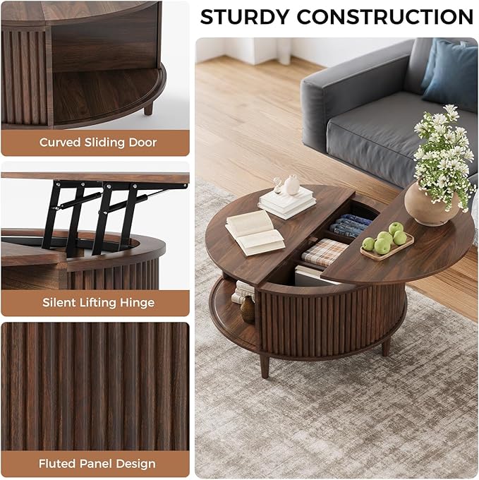 Lift Top Coffee Table with Storage, Fluted Round Center Table with Sliding Cabinet Door, Small Circle Table for Living Room, Walnut