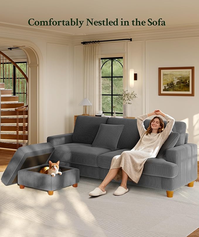 87.2" Couches for Living Room, Comfy Grey Couch 7.5" Extra Thick Cushion, Sofas for Living Room Tool-Free Setup, Loveseat Sofa 848lbs Support, Corduroy Couch for Bedroom, Apartment, Office