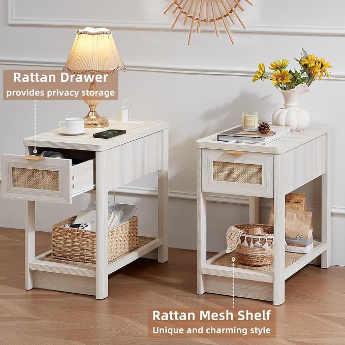 Lerliuo Narrow Night Stand Set of 2 with Charging Station, Boho Nightstand with Drawer, Bed Side End Table with Rattan Shelf for Small Spaces, Wood Nightstands Bedside Tables for Living Room Bedroom - Image 4