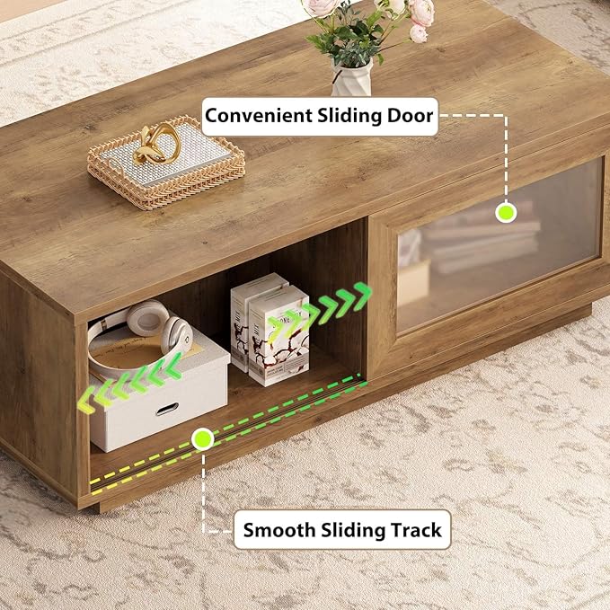 HSH Rustic Coffee Table with Storage, Low Coffee Table for Living Room, Long Rectangle Wood Coffee Tables,Farmhouse Large Center Tables with Sliding Door, Rustic Oak, 47 Inch