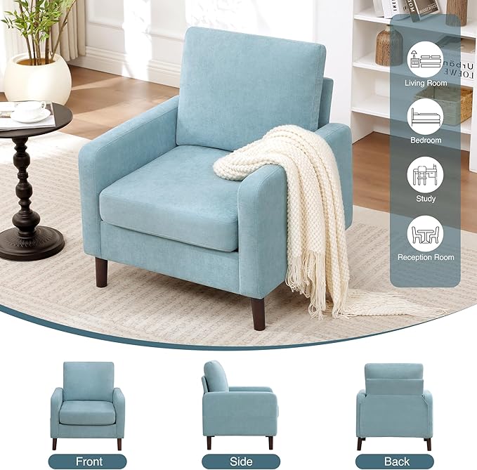 Accent Chair for Living Room, Modern Reading Chair for Bedroom, Upholstered Armchair with Wood Legs and Side Pockets, Single Sofa Side Chair for Office, Small Room, Apartment, Teal Green