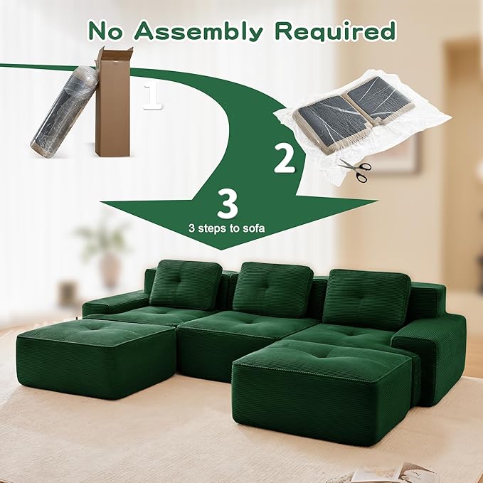 Casaphoria 115'' Green Modular Sofa Set, 3-Seat U-Shaped Corduroy Couch with 2 Ottomans for Large Living Room No Assembly Required Deep Seat Sectional Couch