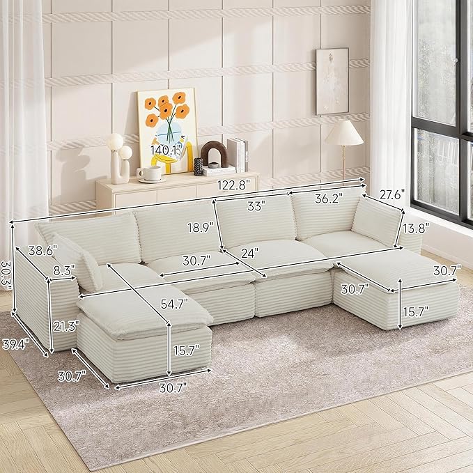 Oversized Cloud Sectional Couches 6 Seaters for Living Room, Boneless U Shaped Couch with Ottomans, 6 Seat Modular Sectional Sofa
