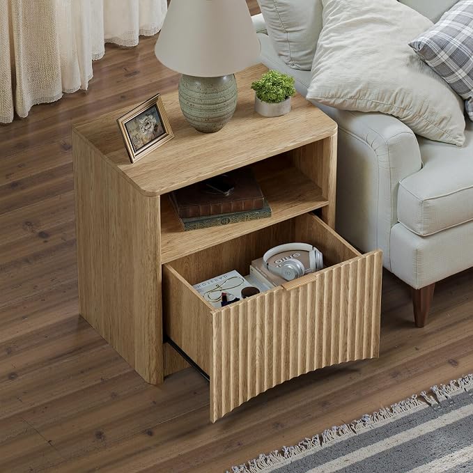 Evermagin Fluted Nightstand Set of 2, Natural Oak Bedside Table with Drawer and Storage, Wood End Table Mid Century Modern, Large Night Stand for Bedroom - Image 6